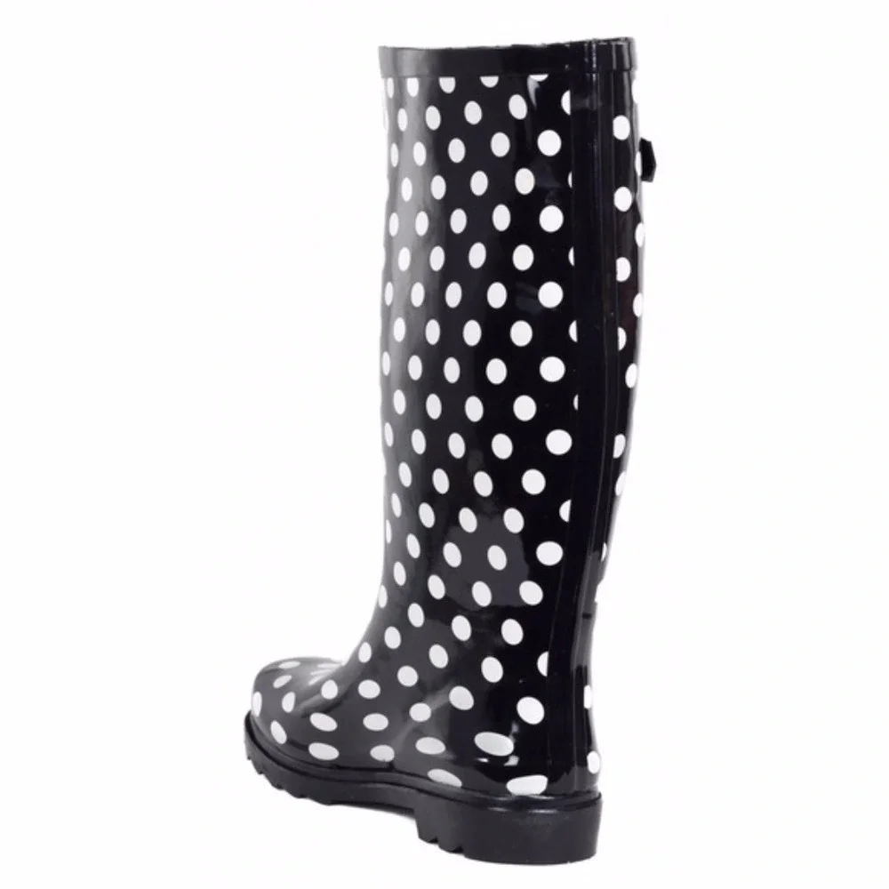 Women's Rubber Rain Boots, Black Polka Dots Garden Rainboots, Size 5. NEW